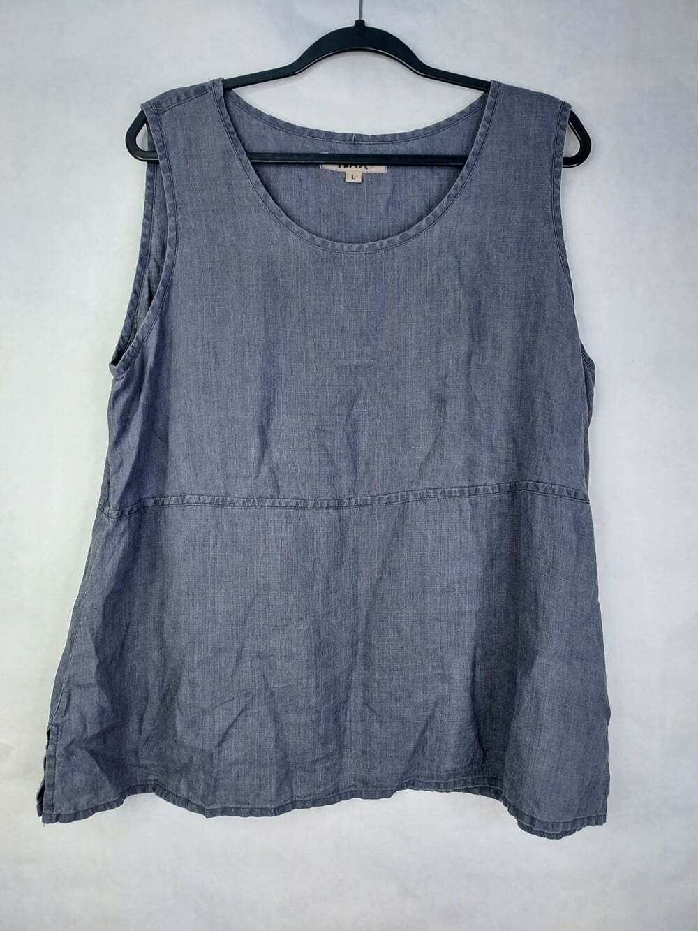 Flax Linen Tank Top Women L Peplum Gray Sleeveless A-Line Boho Coastal Lagenlook